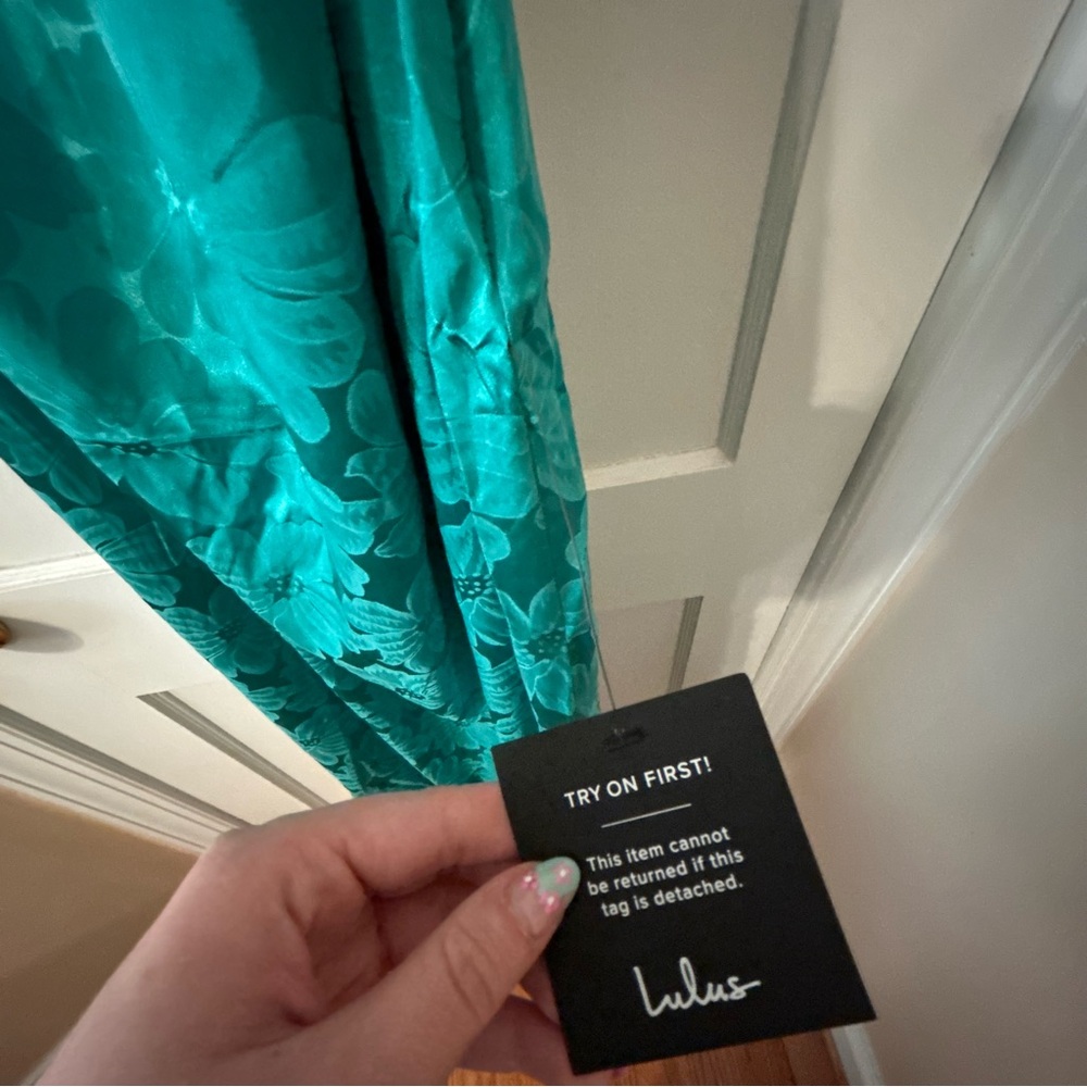 NWT Lulus Chasing Desire Teal Green Satin Jacquard One-Shoulder Maxi Dress - Picture 8 of 8